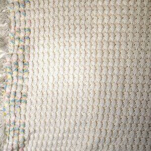 Vintage Handmade Crocheted Baby Blanket 54x32 Pastel Fringe Nursery Decor
